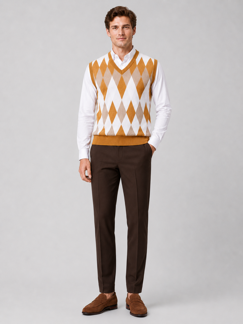 Yellow argyle sweater vest for men slim fit lightweight layer for business casual wear