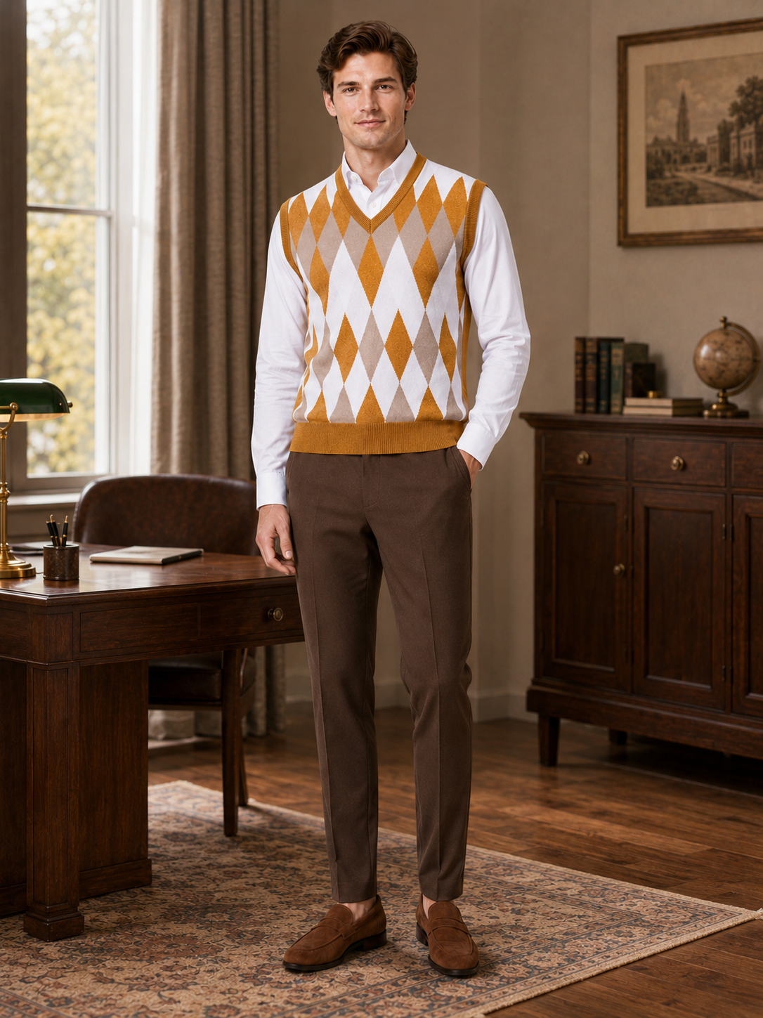 Man styling yellow argyle sweater vest in a warm business casual and everyday lifestyle outfit