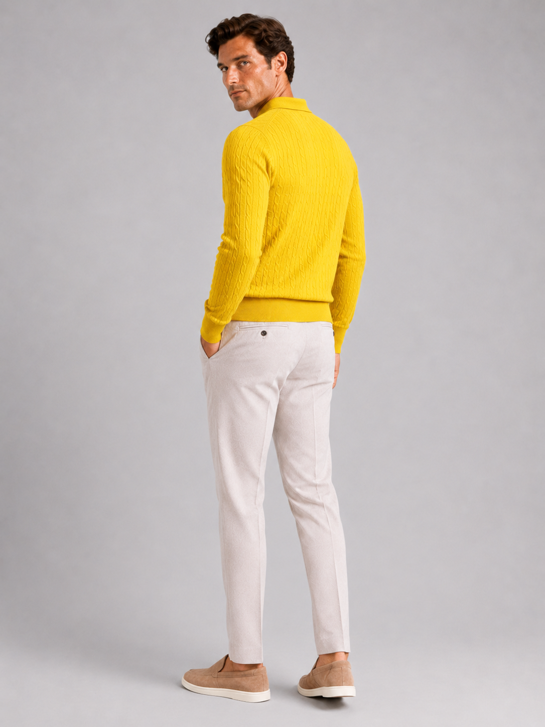 Men’s yellow cable knit polo sweater comfortable top for casual winter outfits