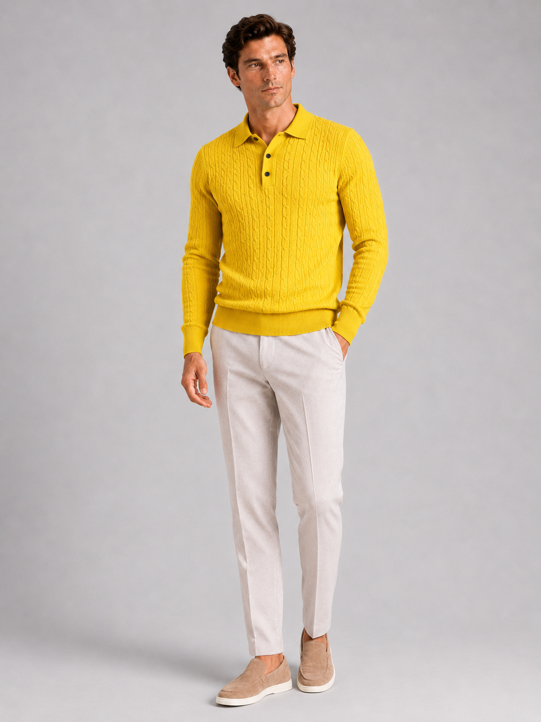 Yellow long sleeve cable knit polo for men warm winter layer for everyday wear