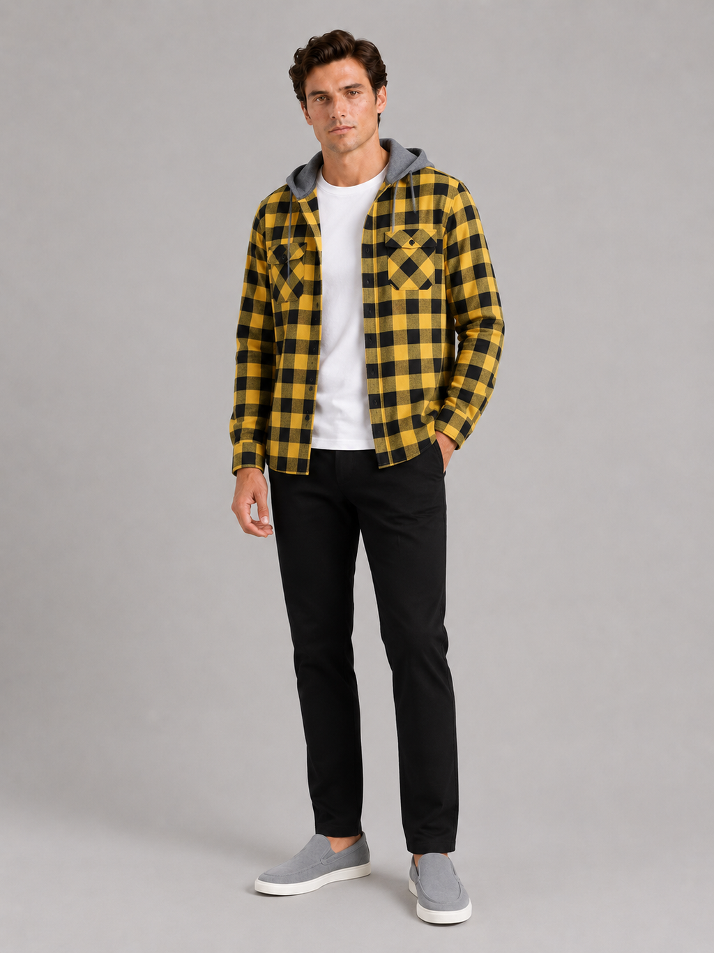 Yellow plaid hooded flannel shirt jacket for men warm fall layer for outdoor wear