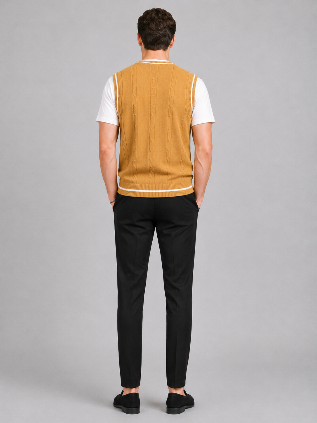 Men’s yellow patchwork knit sweater vest comfortable sleeveless layer for office and smart casual outfits