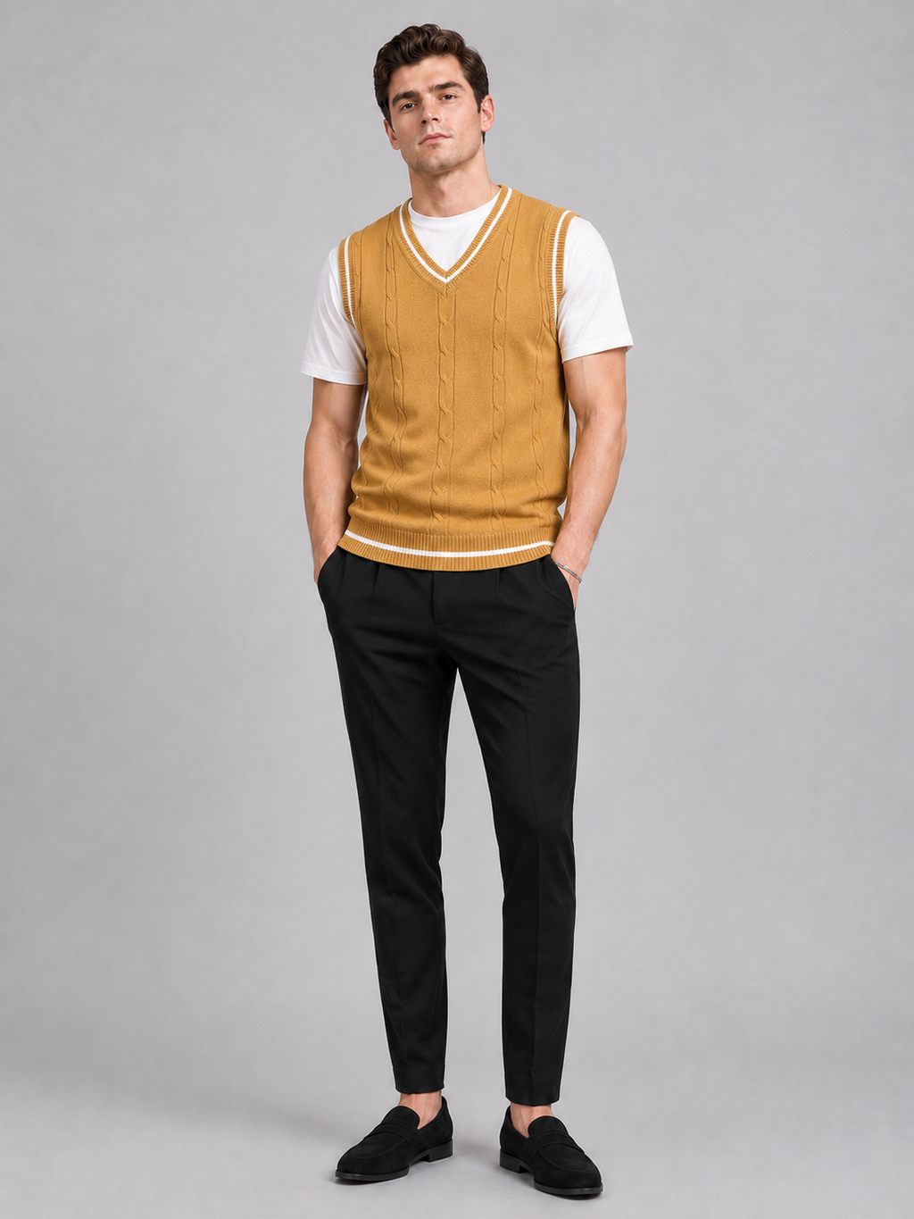 Yellow v neck sweater vest for men slim fit knit layer for business casual and everyday wear