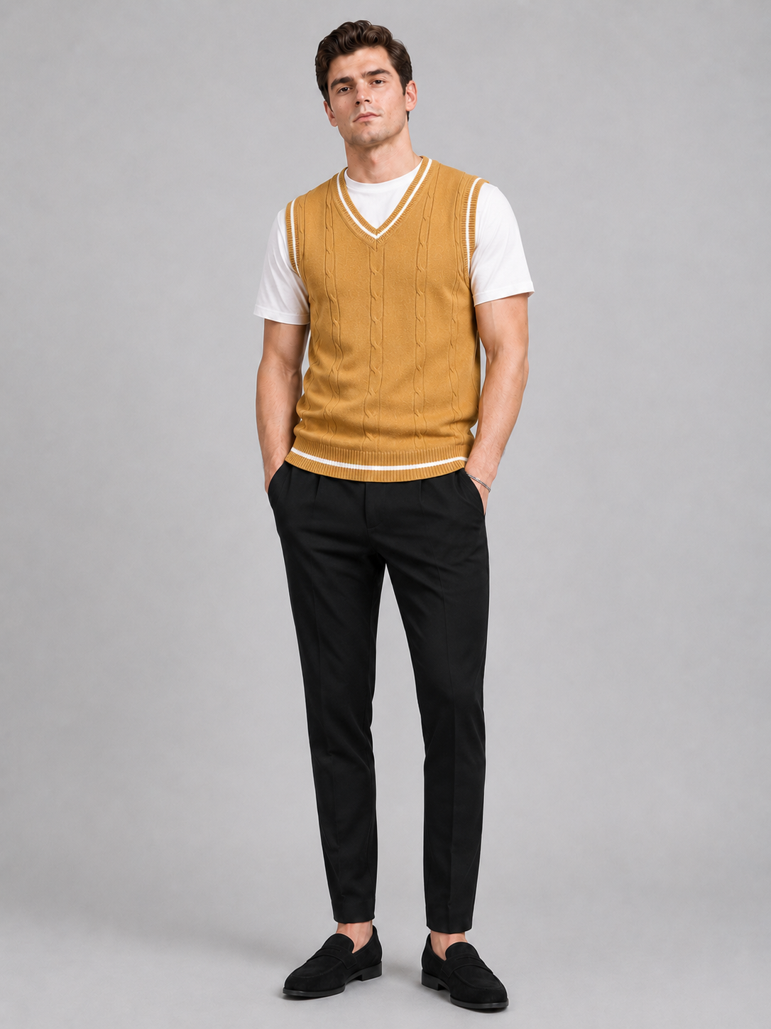 Yellow v neck sweater vest for men slim fit knit layer for business casual and everyday wear