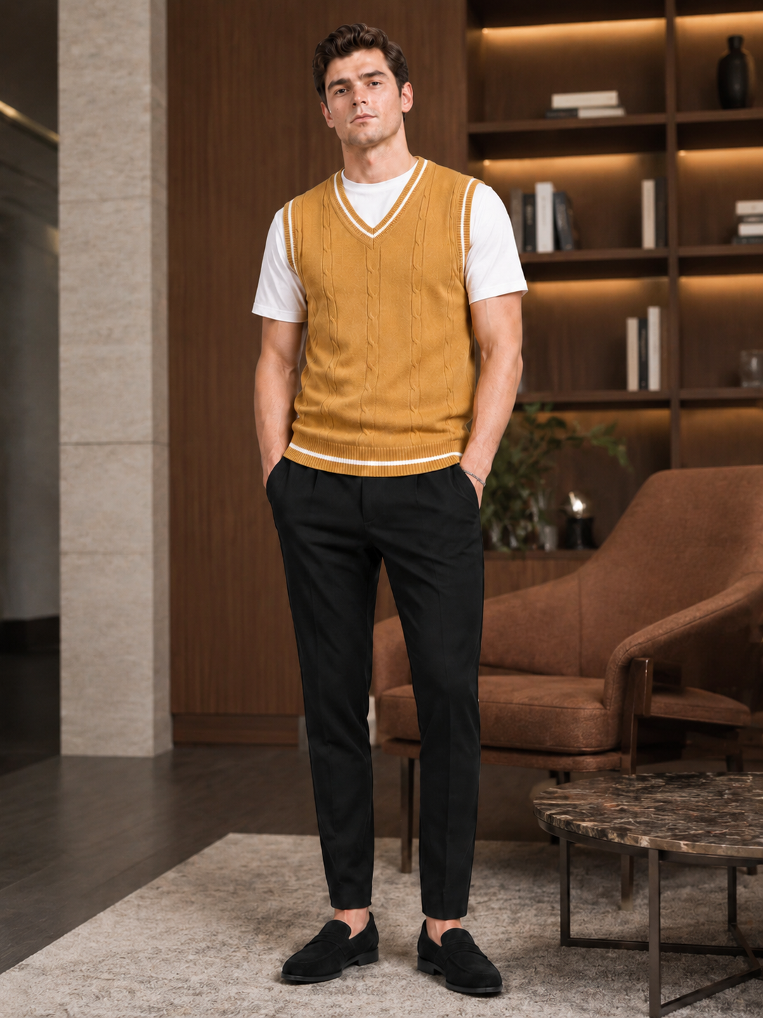 Man styling yellow v neck sweater vest in a refined business casual and everyday lifestyle outfit