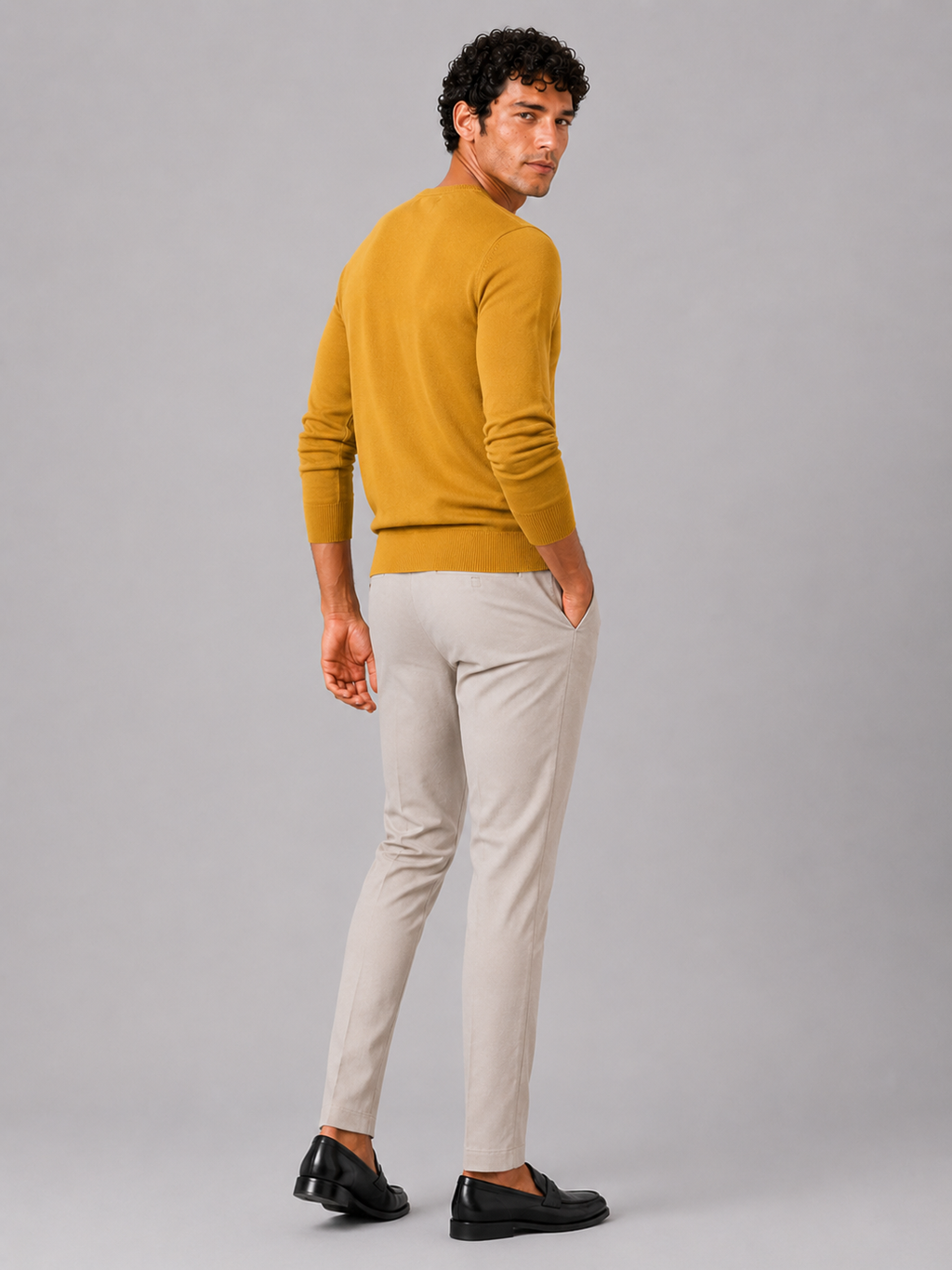 Men’s yellow knit pullover lightweight sweater for casual and smart casual outfits