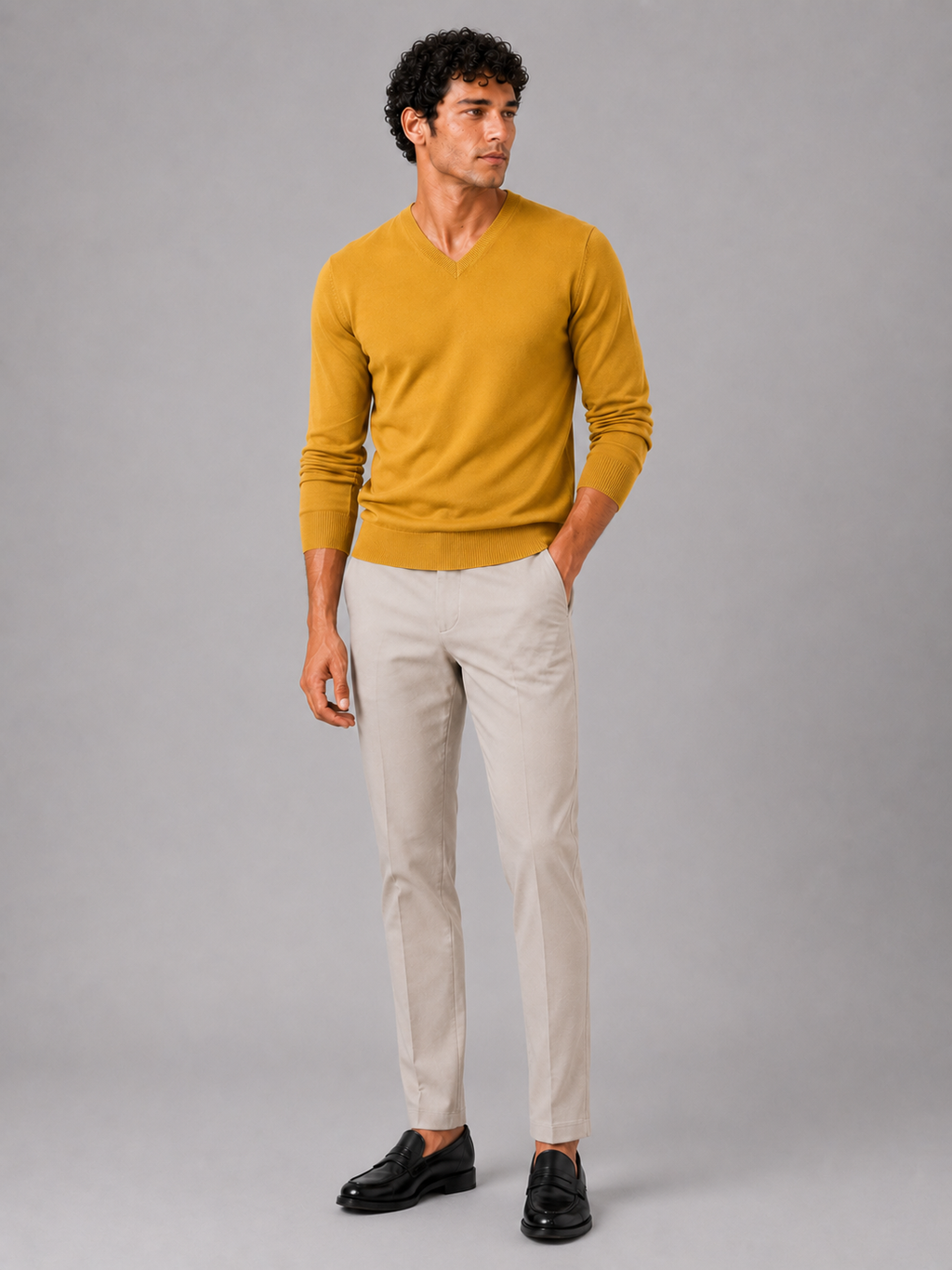Yellow v neck sweater for men slim fit long sleeve pullover for everyday fall wear