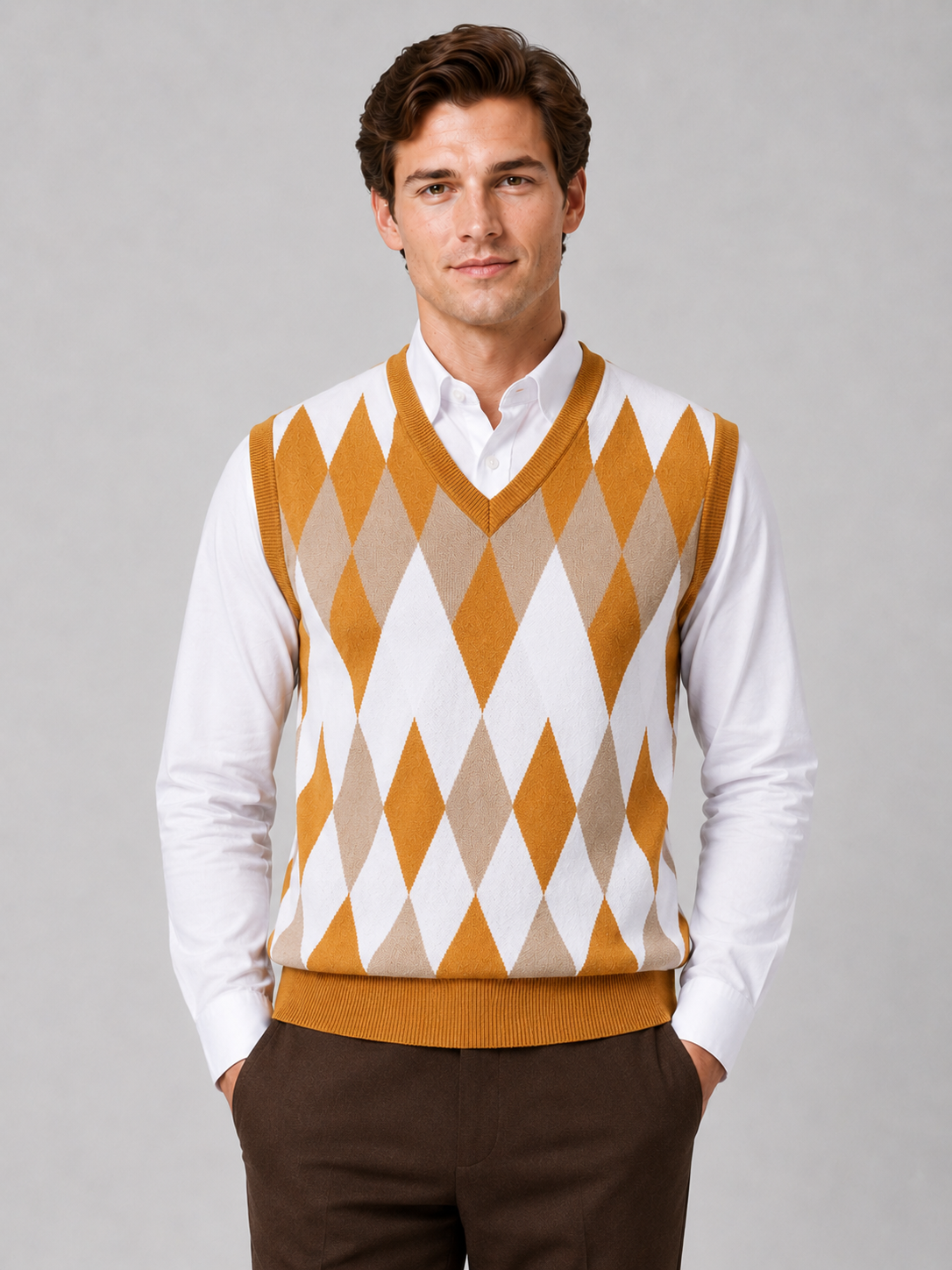 Men wearing yellow argyle sweater vest v neck slim fit lightweight knit fall winter business casual style