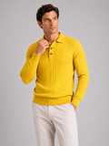 Men wearing yellow cable knit long sleeve polo winter layer for business casual style
