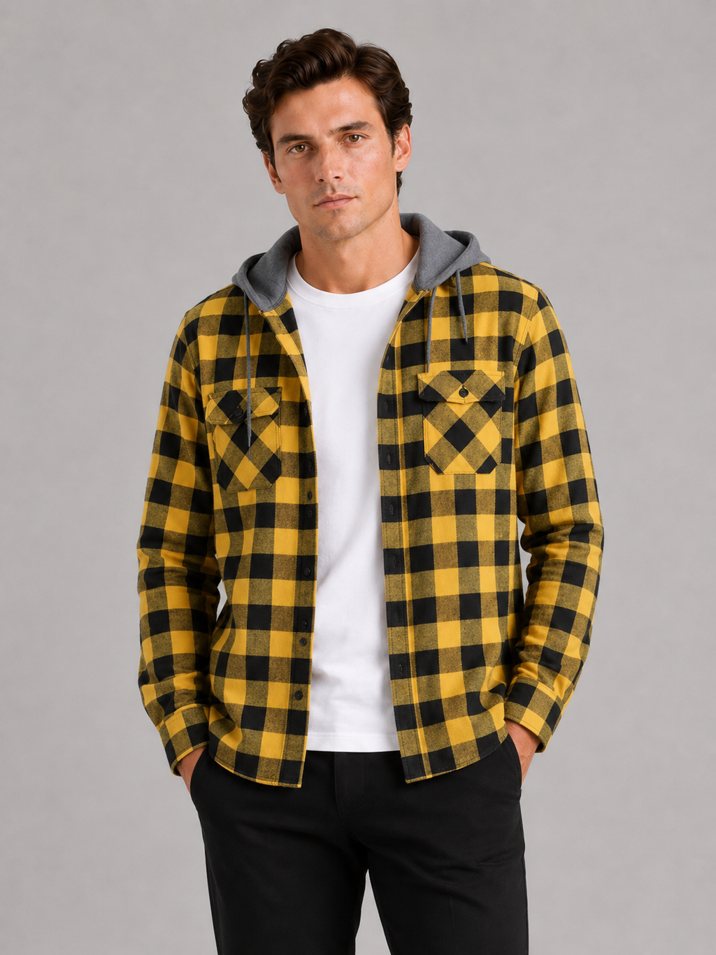 Men wearing yellow plaid hooded flannel jacket long sleeve button down fall casual style