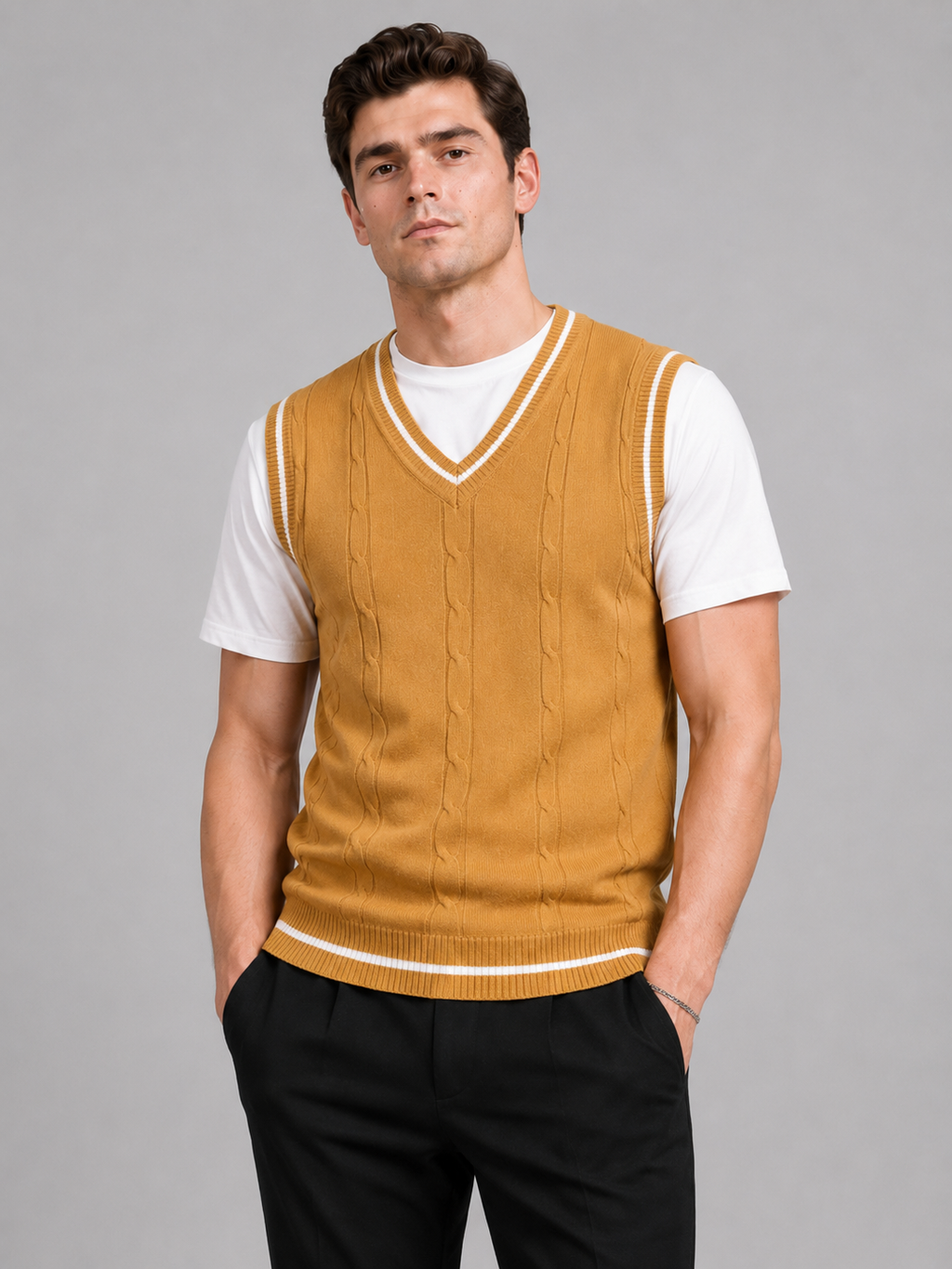 Men wearing yellow sweater vest v neck slim fit patchwork knit fall winter business casual style