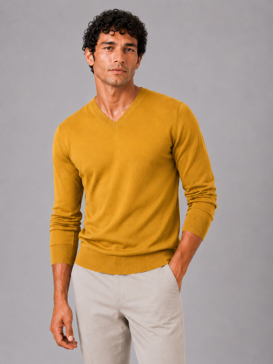 Men wearing yellow v neck knit sweater slim fit long sleeve lightweight fall casual style