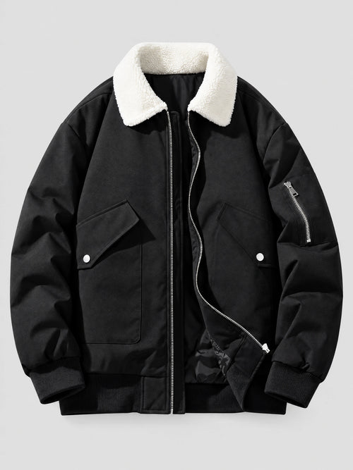 Black men’s Baseball Jacket laid flat, showing a plush collar, front zip closure, flap pockets, and sleeve zip pocket.