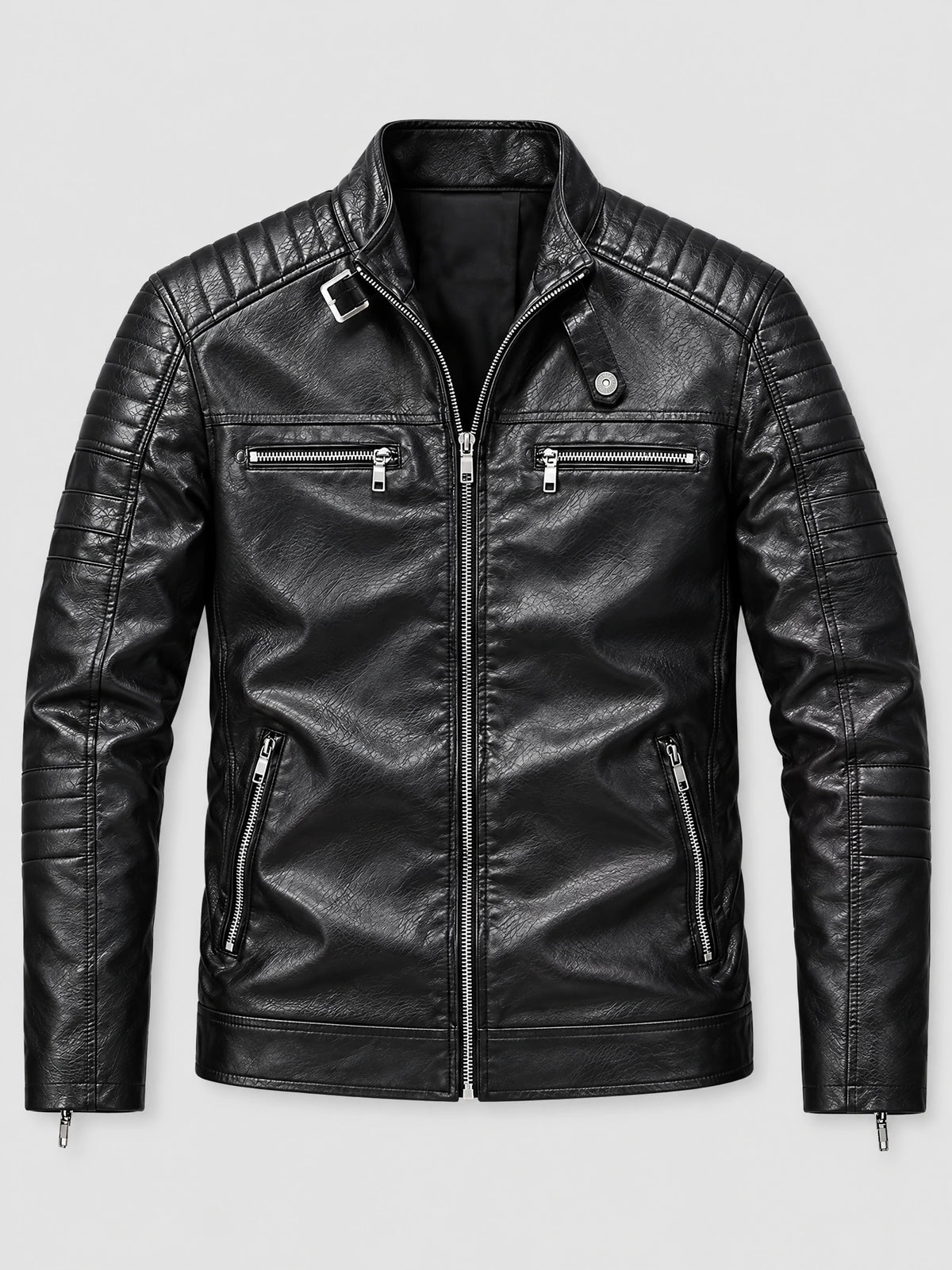 Black men's Biker Leather Jacket laid flat, featuring quilted shoulder panels, a stand collar, and multiple zippered pockets.