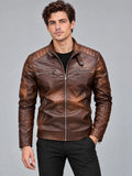 Front studio view of a model wearing a Brown Biker Leather Jacket with quilted shoulder panels and zippered pockets.