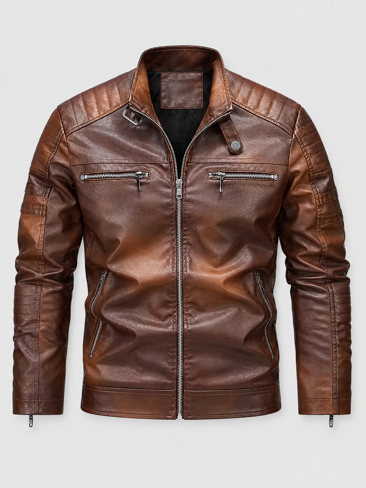 Brown Biker Leather Jacket laid flat, featuring a stand collar, quilted shoulder panels, front zipper, and zippered chest and side pockets.