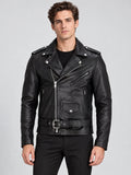 Front studio view of a model wearing a Black Biker Leather Jacket with an asymmetrical zipper, snap lapels, zip pockets, and belted waist.