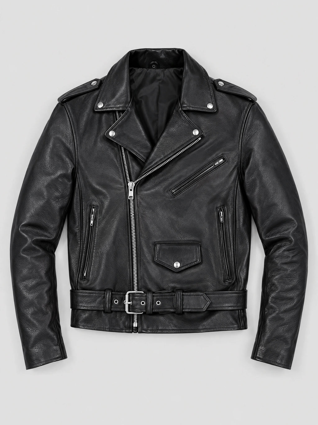 Black Biker Leather Jacket laid flat, showing a diagonal front zipper, snap lapels, zip pockets, and a buckled waist belt.
