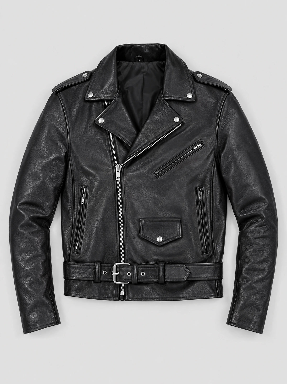 Black Biker Leather Jacket laid flat, showing a diagonal front zipper, snap lapels, zip pockets, and a buckled waist belt.