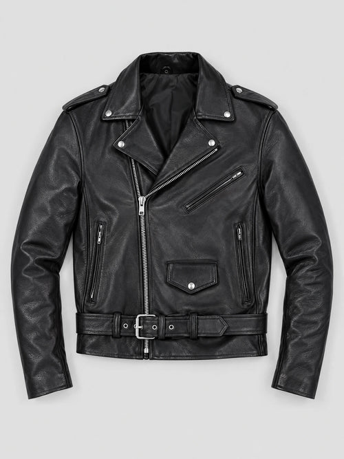 Black Biker Leather Jacket laid flat, showing a diagonal front zipper, snap lapels, zip pockets, and a buckled waist belt.