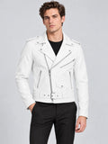 Front studio view of a model wearing a White Biker Leather Jacket with an asymmetrical zipper, zip pockets, and belted waist.