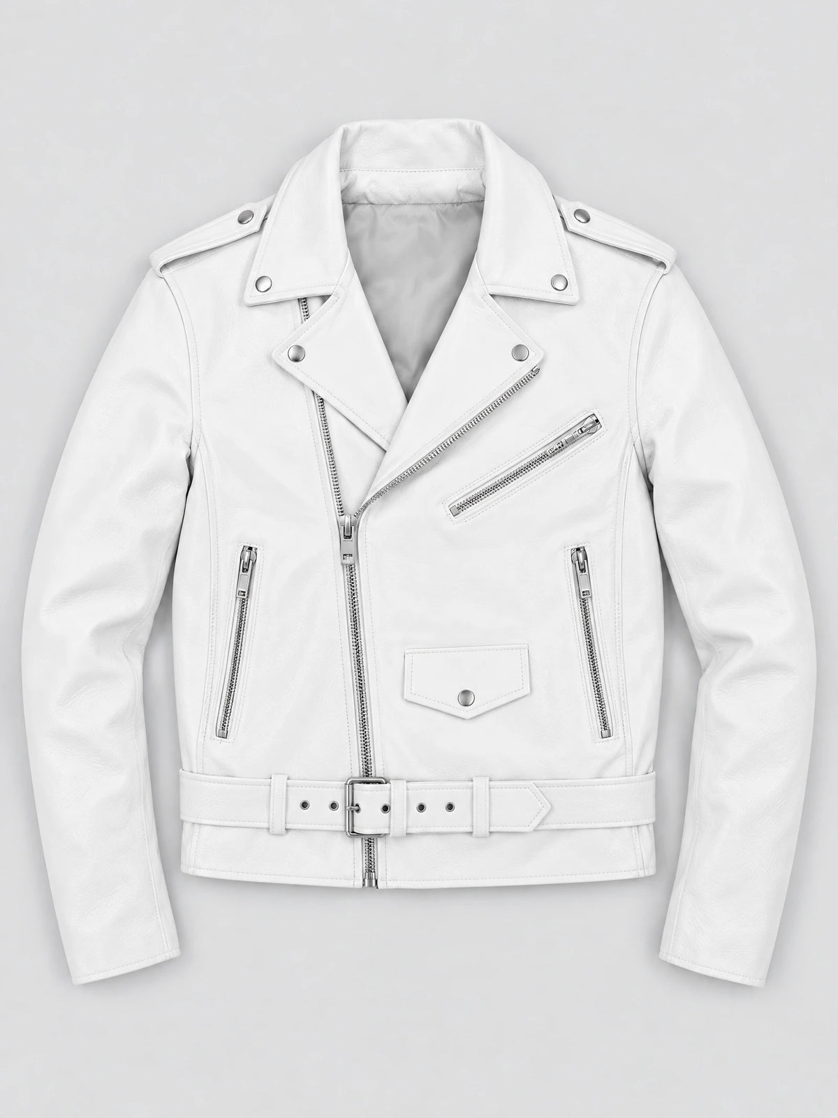 White Biker Leather Jacket laid flat, featuring an asymmetric front zipper, zip pockets, snap lapels, and a belted hem.