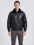 Front studio view of a model wearing a Black leather jacket with a plush collar, flap pockets, and ribbed cuffs and hem.