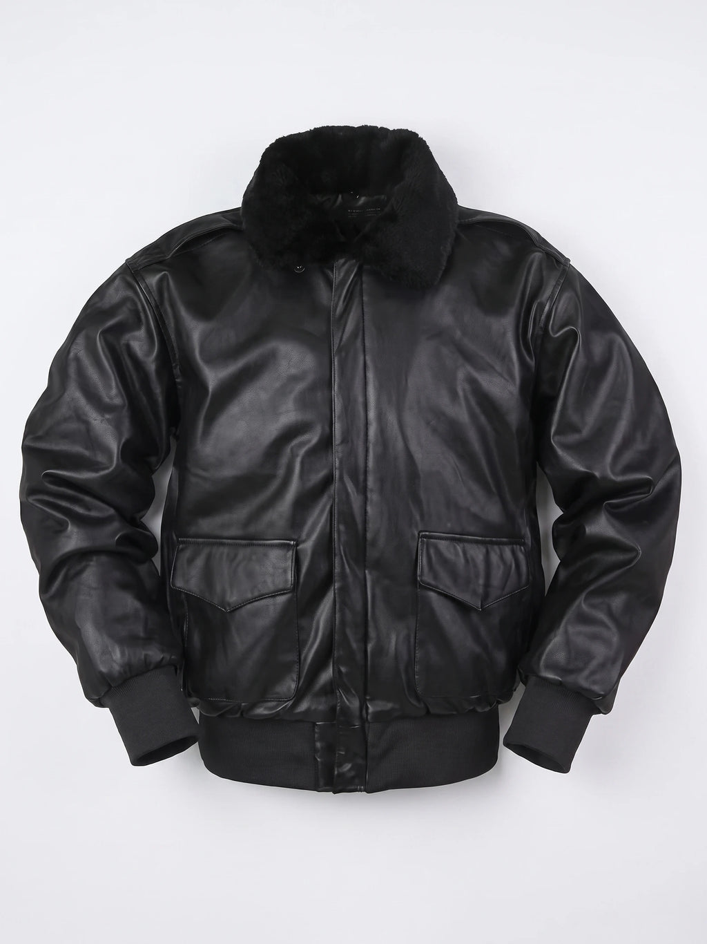 Black leather jacket laid flat, featuring a plush collar, front flap pockets, and ribbed cuffs and hem.