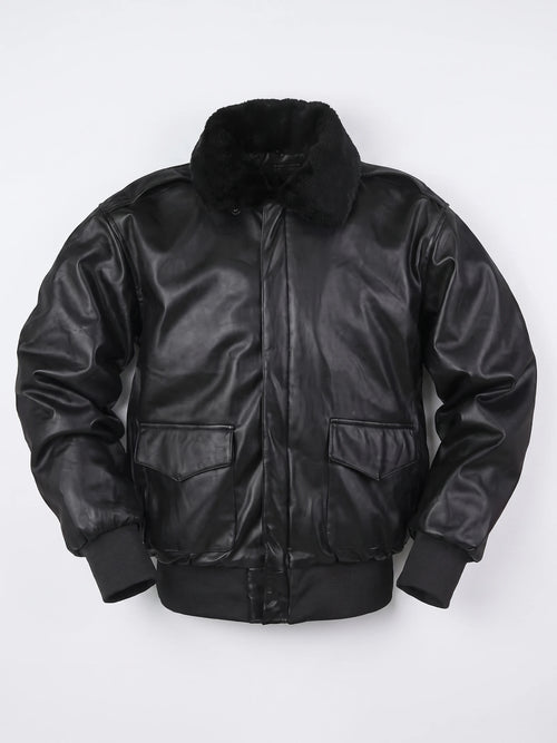 Black leather jacket laid flat, featuring a plush collar, front flap pockets, and ribbed cuffs and hem.