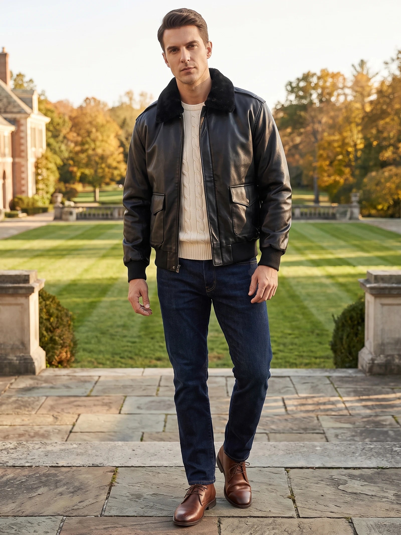 Model walking outdoors in a Black leather jacket with a plush collar and flap pockets.