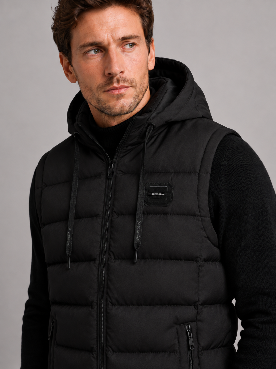 Close-up of a black hooded puffer vest showing the cotton padding, thick insulation, zipper closure, hood, pockets, armholes, and stitching details
