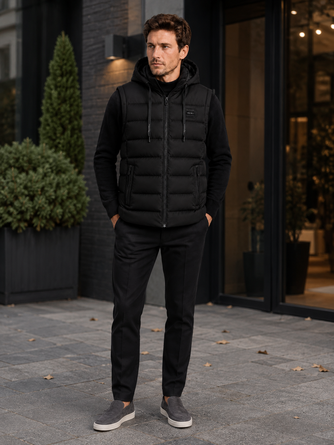 Man wearing a black hooded puffer vest in a casual fall winter outfit for outdoor and everyday wear