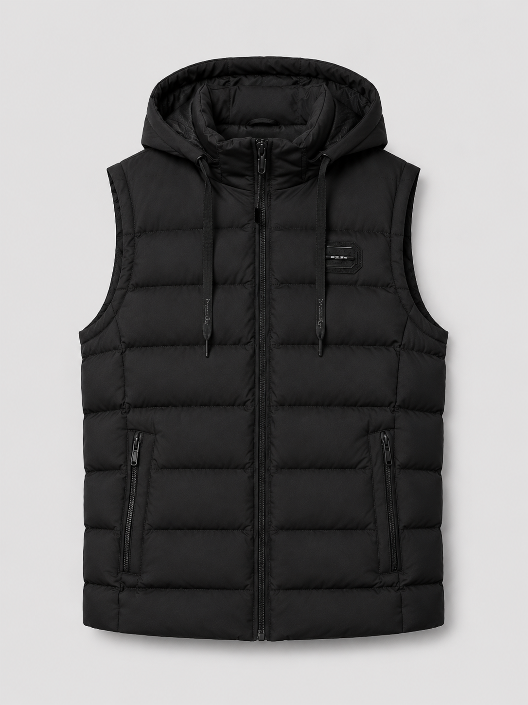 Black men’s hooded cotton padded puffer vest with a thick warm design displayed on a plain background