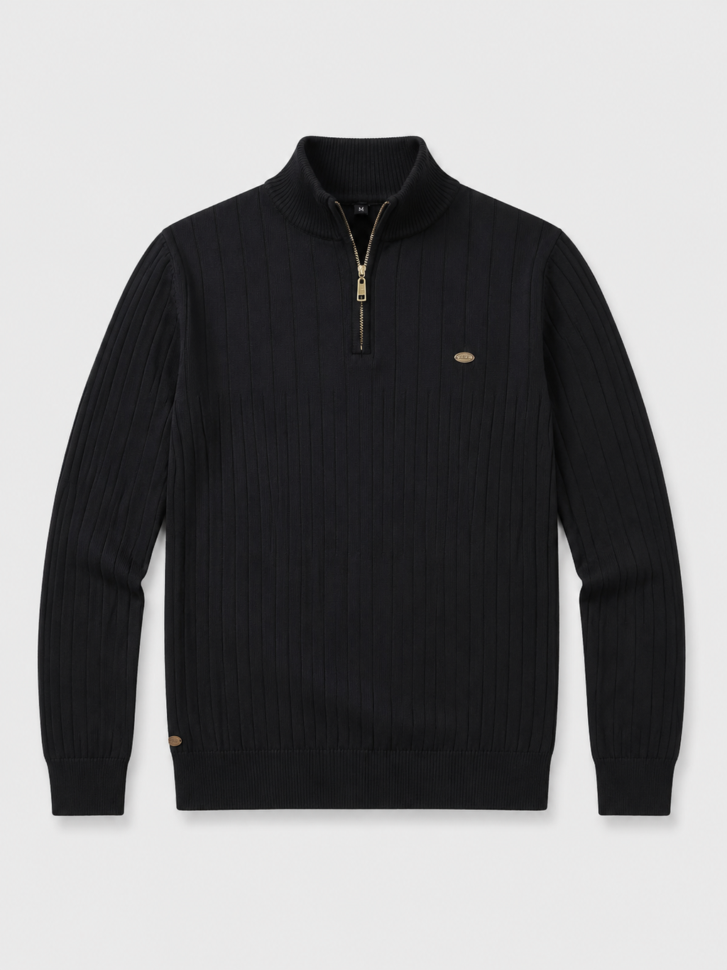 Black men’s quarter zip cotton knit pullover sweater with a stand collar displayed on a plain background