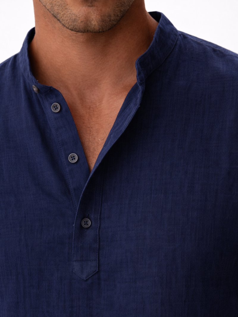 Men’s navy linen shirt collarless button up lightweight comfortable everyday wear