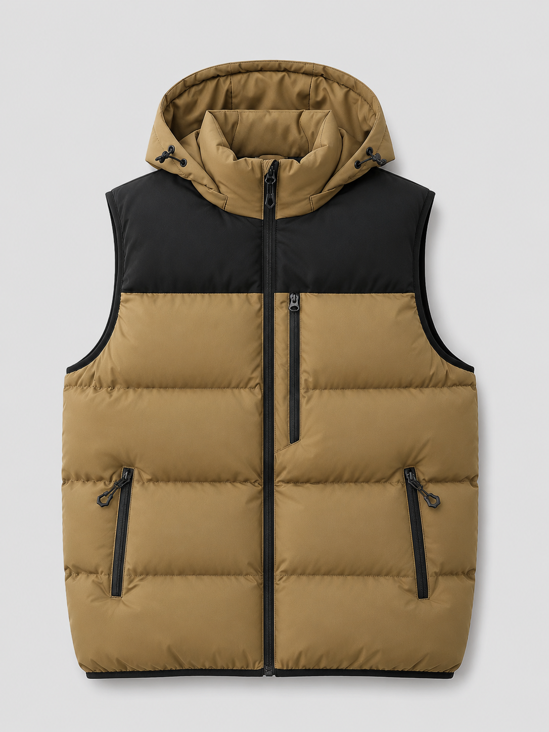 Brown men’s hooded windproof puffer vest with thick padding and zip-up front displayed on a plain background