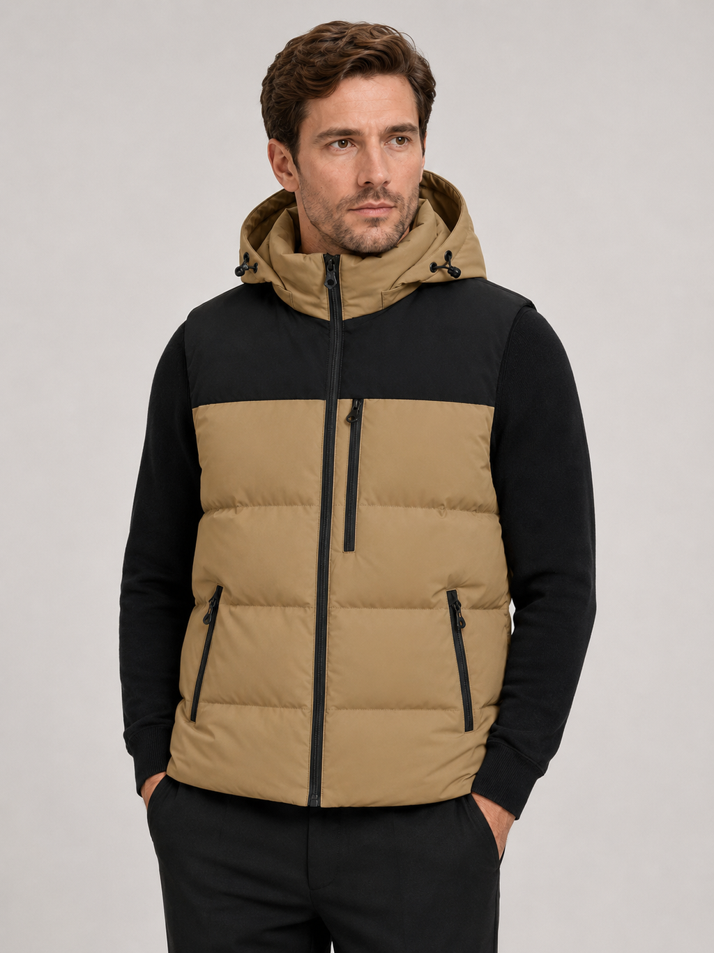Front view of a man wearing a brown hooded puffer vest with a windproof shell, thick insulation, sleeveless design, and full zip front