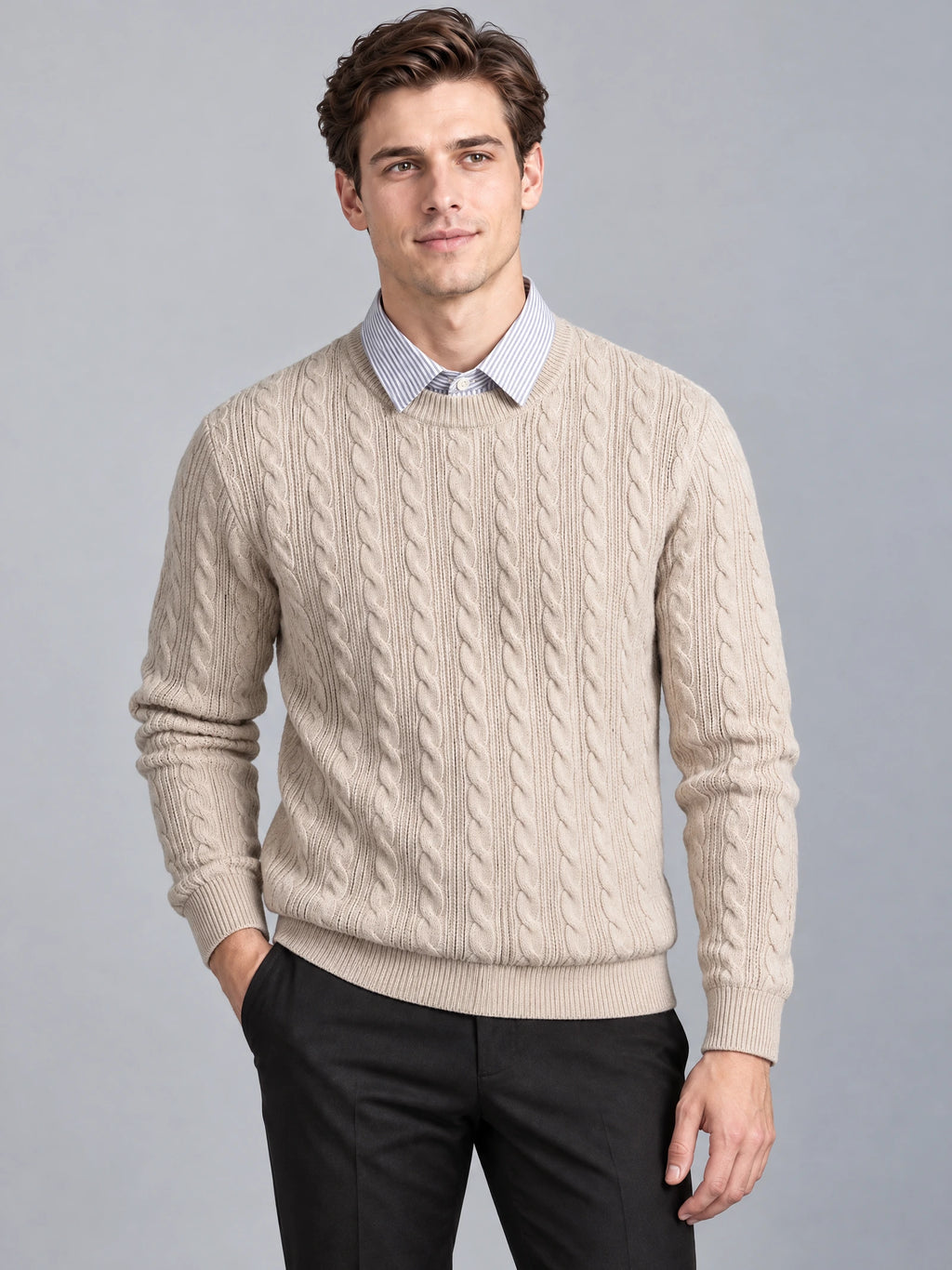 Front studio view of a model wearing a Beige business casual knitted pullover sweater with cable knit texture and a faux shirt collar.