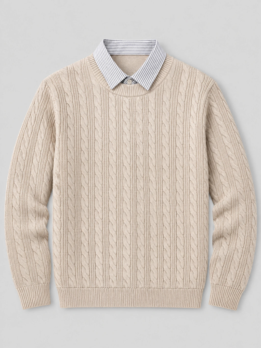Beige business casual knitted pullover sweater laid flat, featuring cable-knit texture and a striped faux shirt collar.