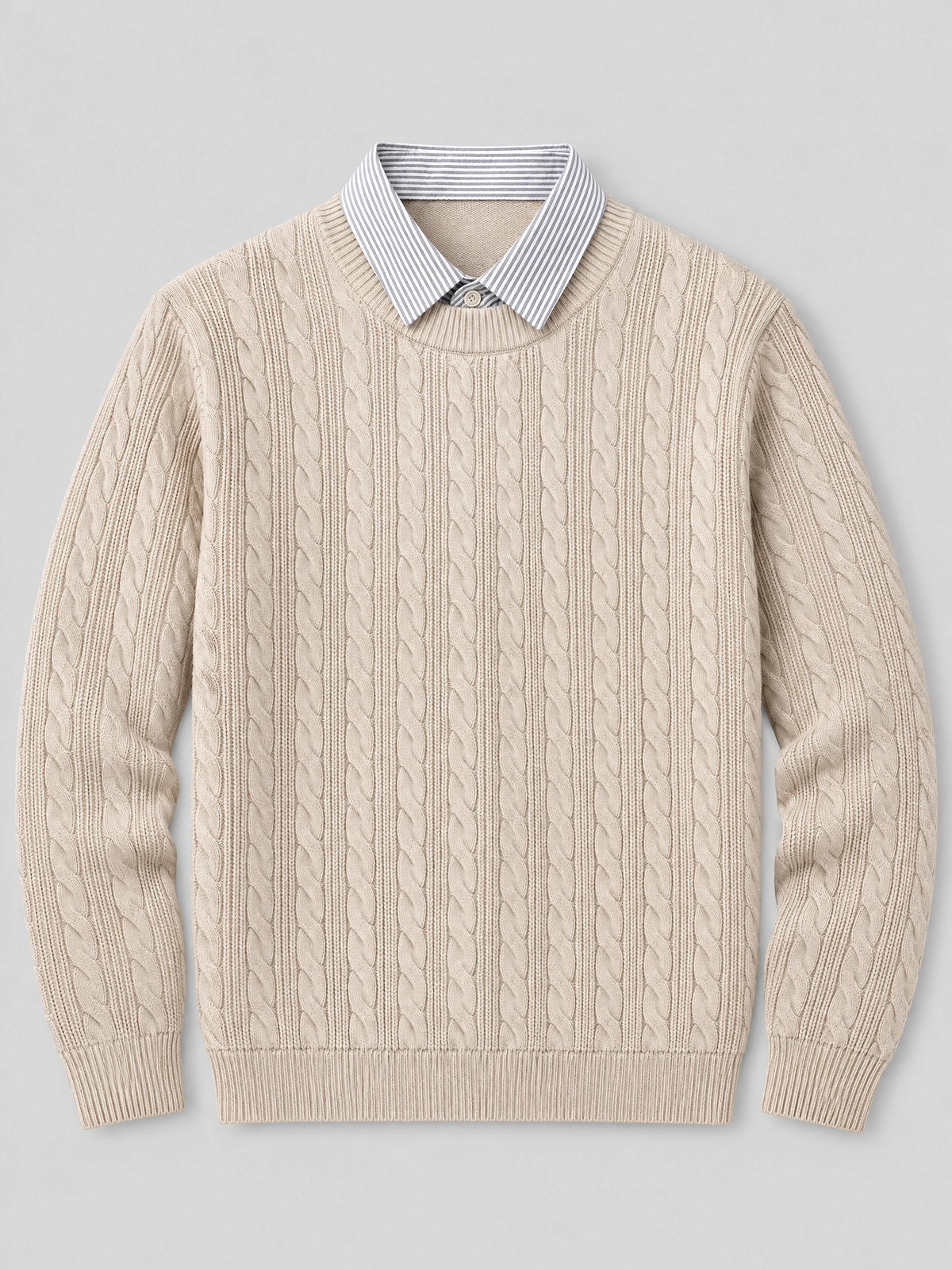 Beige business casual knitted pullover sweater laid flat, featuring cable-knit texture and a striped faux shirt collar.