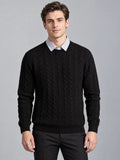 Front studio view of a model wearing a Black business casual knitted pullover sweater with cable knit texture and a faux shirt collar.