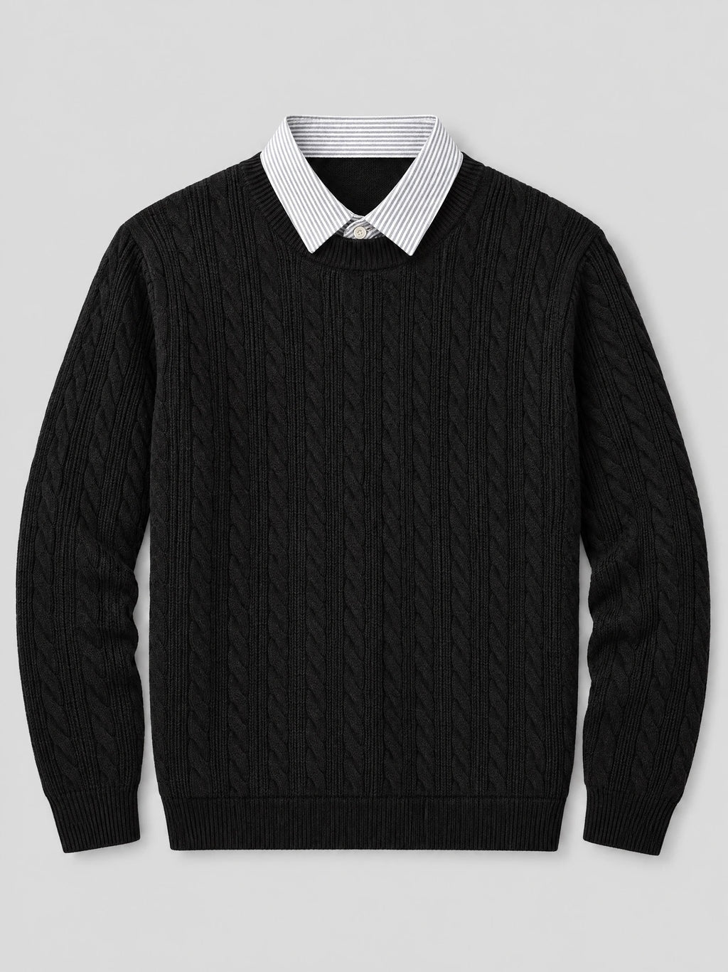 Black business casual knitted pullover sweater laid flat, featuring cable-knit texture, ribbed trim, and a faux shirt collar.