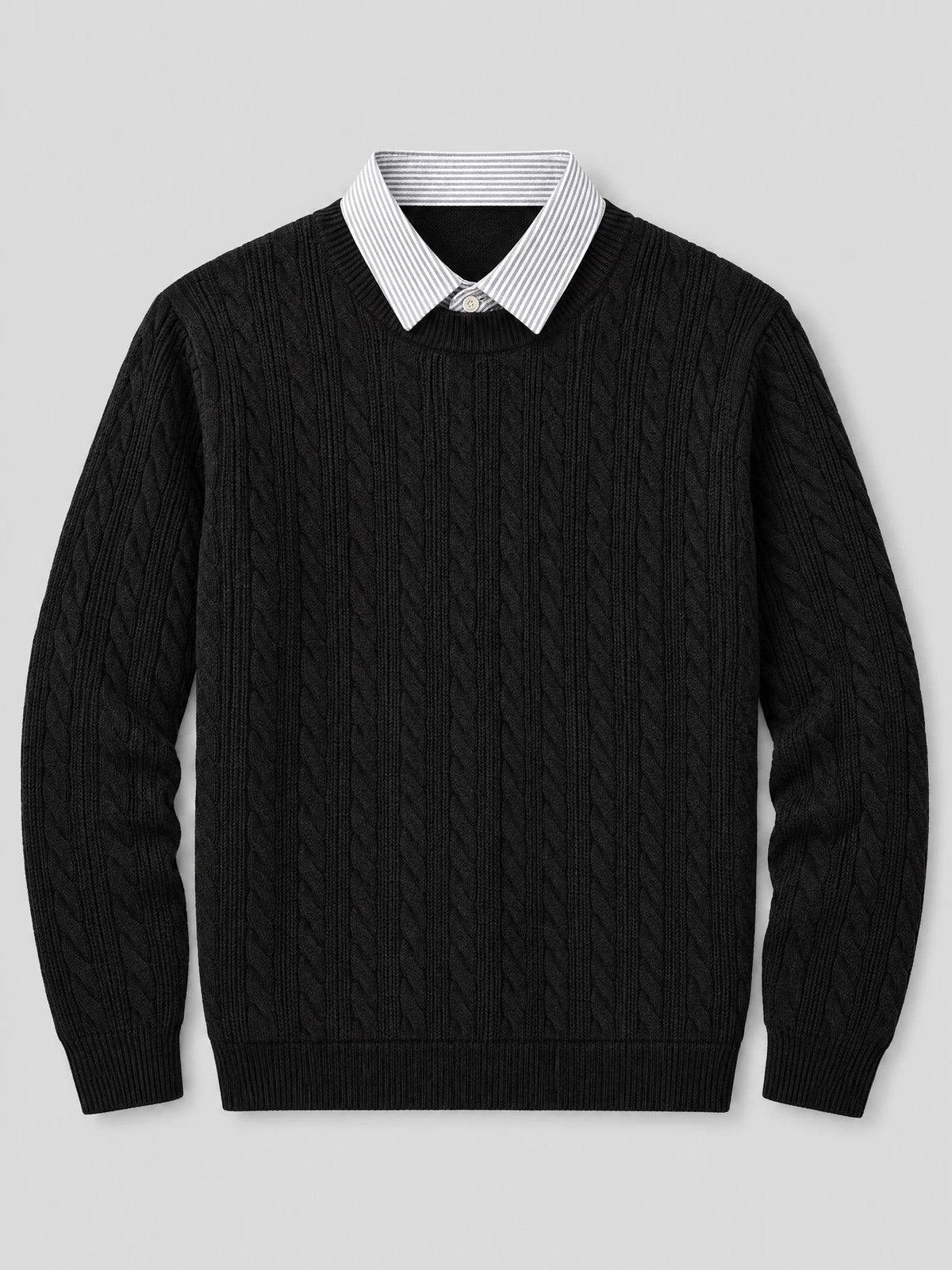 Black business casual knitted pullover sweater laid flat, featuring cable-knit texture, ribbed trim, and a faux shirt collar.