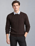 Front studio view of a model wearing a Brown business casual knitted pullover sweater with cable-knit texture and faux shirt collar.