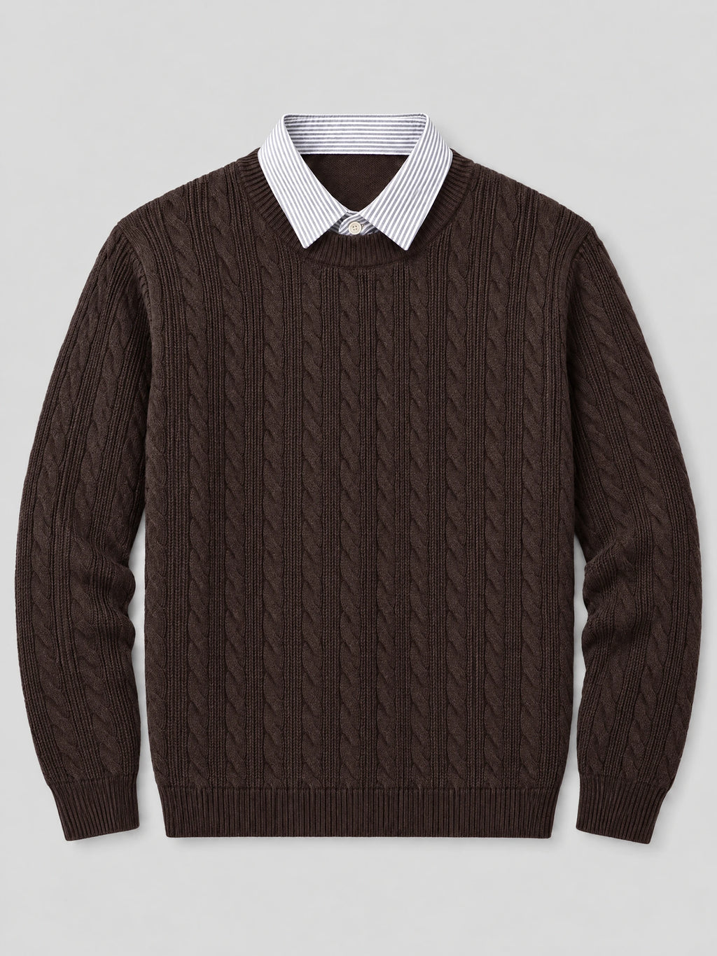 Brown business casual knitted pullover sweater laid flat, featuring cable knit texture, ribbed cuffs and hem, and a faux striped shirt collar.
