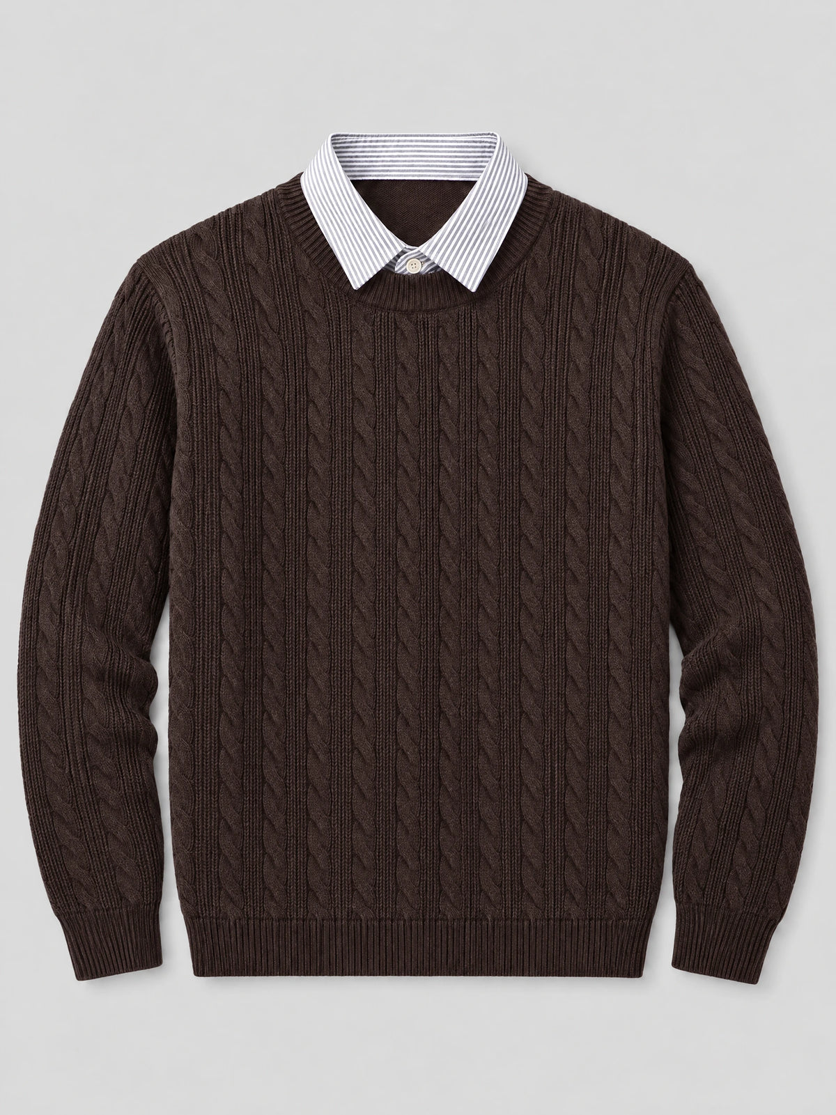Brown business casual knitted pullover sweater laid flat, featuring cable knit texture, ribbed cuffs and hem, and a faux striped shirt collar.