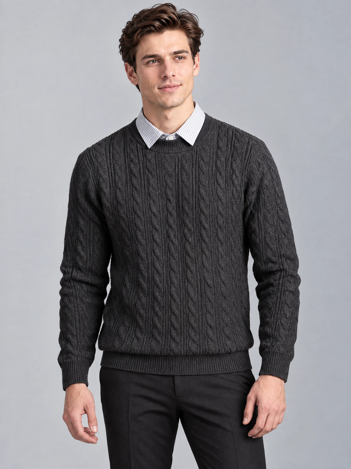 Front studio view of a model wearing a Charcoal business casual knitted pullover sweater with cable-knit texture and faux shirt collar.