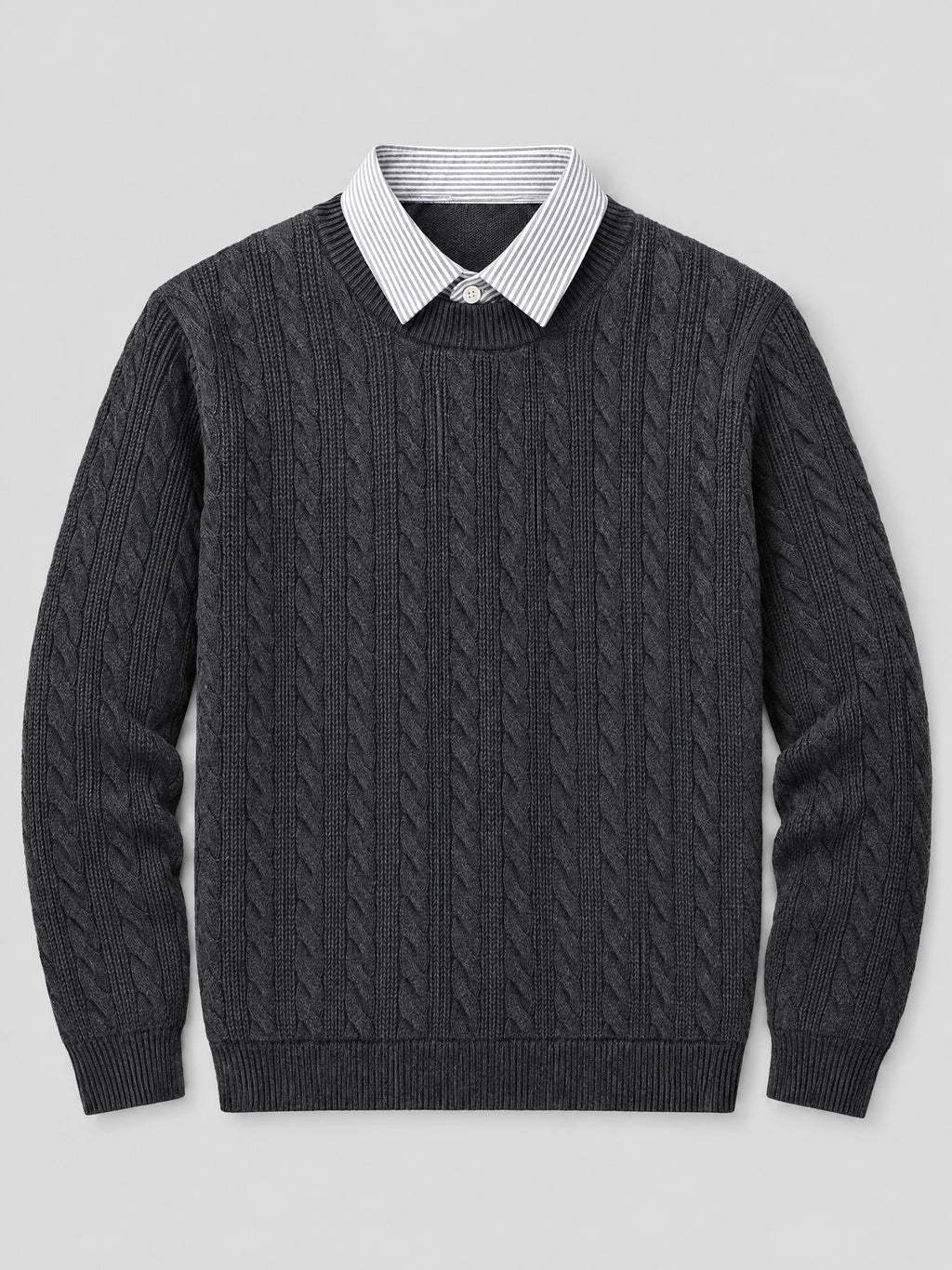 Charcoal business casual knitted pullover sweater laid flat, featuring a cable-knit texture and faux striped shirt collar.