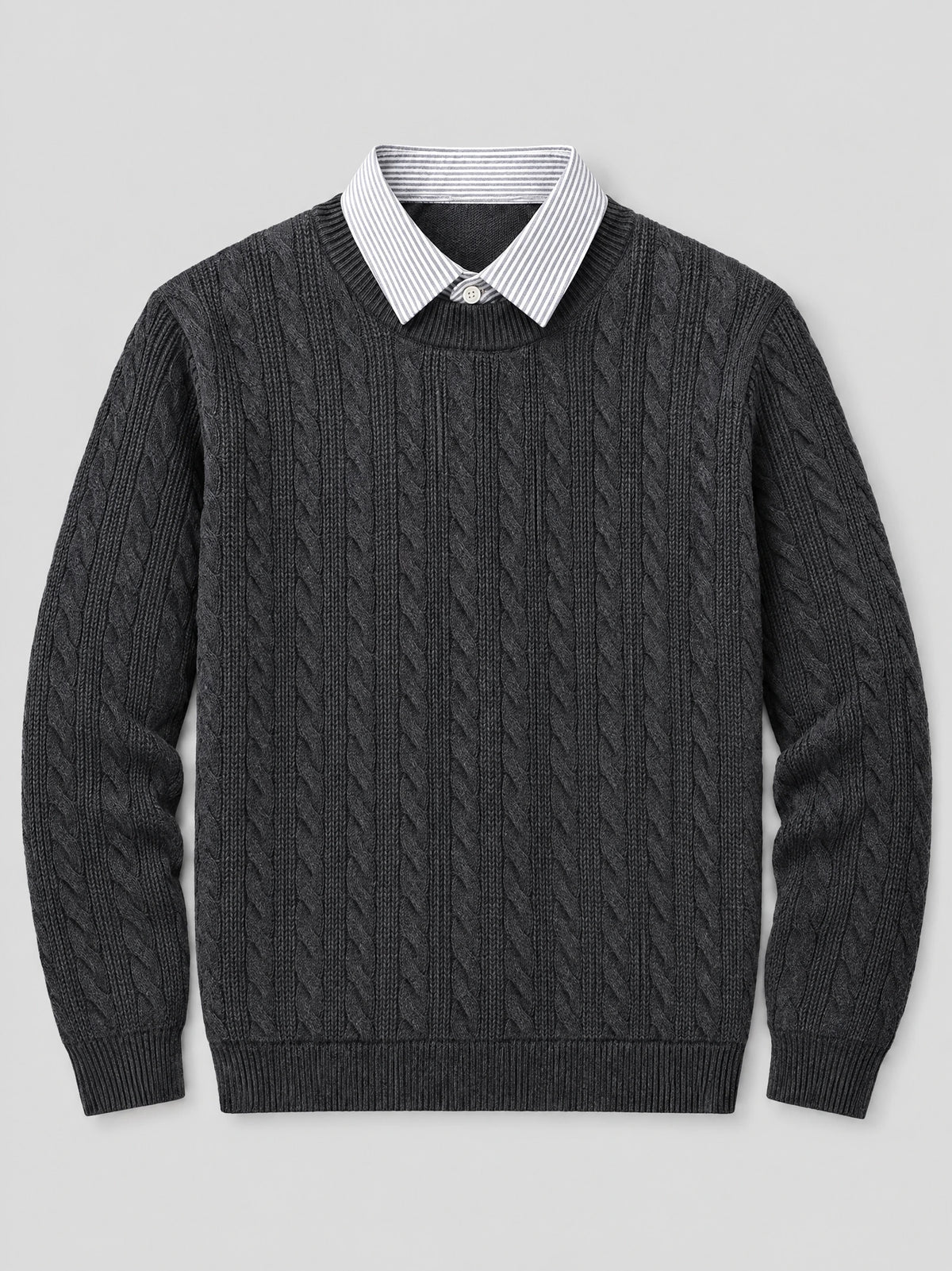 Charcoal business casual knitted pullover sweater laid flat, featuring a cable-knit texture and faux striped shirt collar.