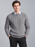 Front studio view of a model wearing a Gray business casual knitted pullover sweater with cable-knit texture and a faux shirt collar.